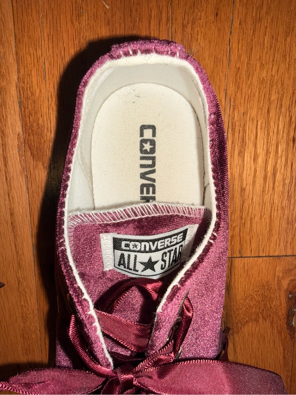 Converse Women’s Low Top Velvet Sneakers w/Ribbon Laces- Burgundy Satin - Picture 3 of 4